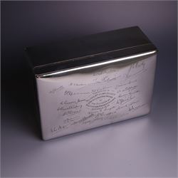 WWII silver mounted cigarette box, of rectangular form, the hinged cover inscribed 'presented to Major & Mrs James Bennett on the occasion of their marriage by the officers of the Liverpool Wardens Service October 1944' and engraved with twenty-four signatures of the officers, with softwood interior, hallmarks worn and indistinct, H7.5cm, W19cm