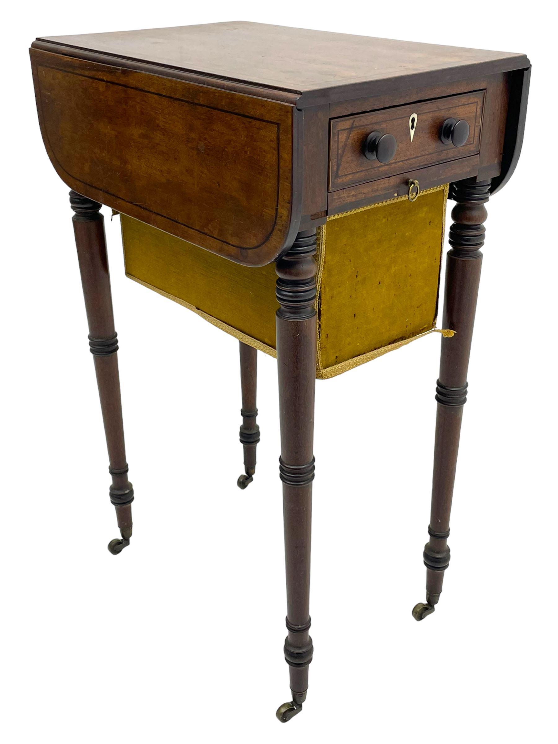 Narrow George III mahogany sewing or work Pembroke table, drop-leaf rectangular top with rounded corners inlaid with ebony stringing, fitted with single full-length cock-beaded drawer and opposing false drawer fascia, turned handles and ivory escutcheons, sliding upholstered storage bag beneath, on ring turned supports with brass cups and castors

This item has been registered for sale under Section 10 of the APHA Ivory Act