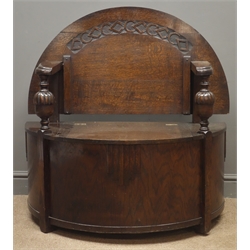  Early 20th century medium oak demi-lune monks bench, hinged box seat, W91cm  