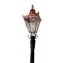 Victorian style cast iron street lamp post, with copper and glass lantern top