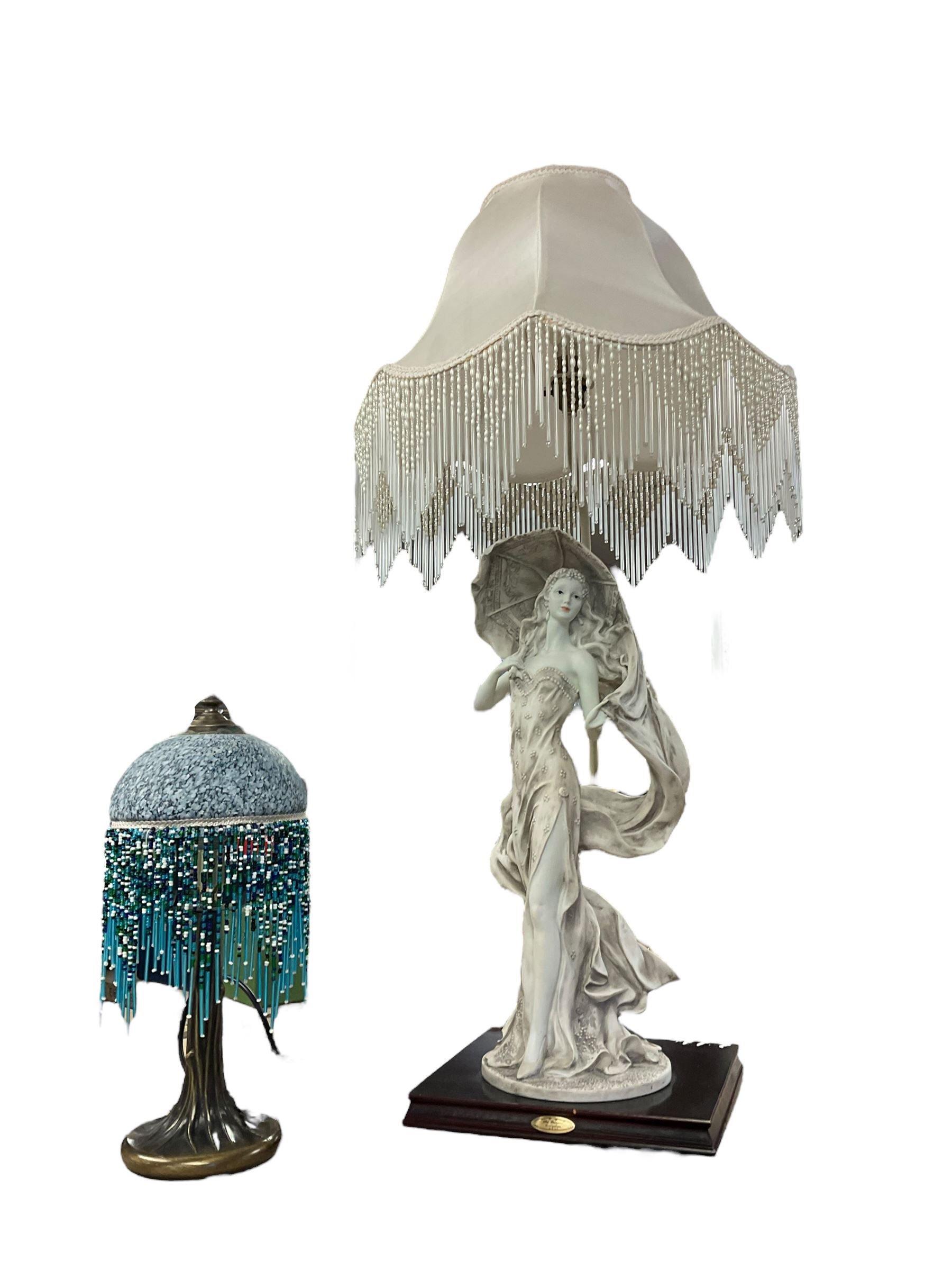 Figural lamp from 'The Juliana Collection', with cream shade, H85cm, together with a lamp with mottled glass shade 