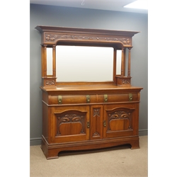 Edwardian walnut sideboard raised bevel edged mirror back, projecting cornice, carved foliate frieze, turned column supports above two drawers, two carved panel doors enclosing shelves and fitted interior, shaped apron with bracket supports, W167cm, H188cm, D57cm  