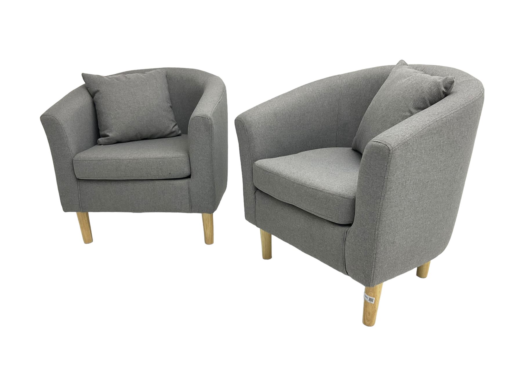 Pair small tub chairs, upholstered in graphite grey fabric and raised on tapered feet