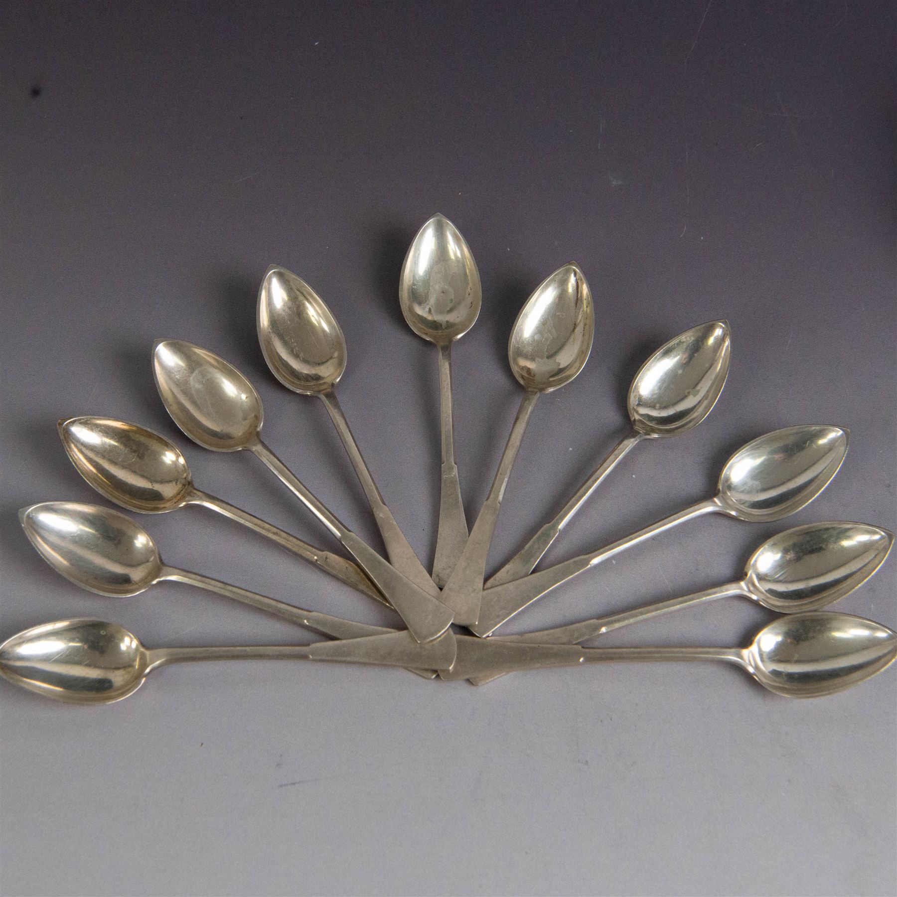 1920s canteen of Czechoslovakian 800 standard silver cutlery for twelve place settings, comprising table forks, silver handled table knives, table spoons, dessert forks, silver handled dessert knives, teaspoons, coffee spoons, cake slice, bread fork, sifting spoon and serving spoon, all stamped with Diana/Greyhound marks with no. 3 to side for 800 standard and with maker's mark TL