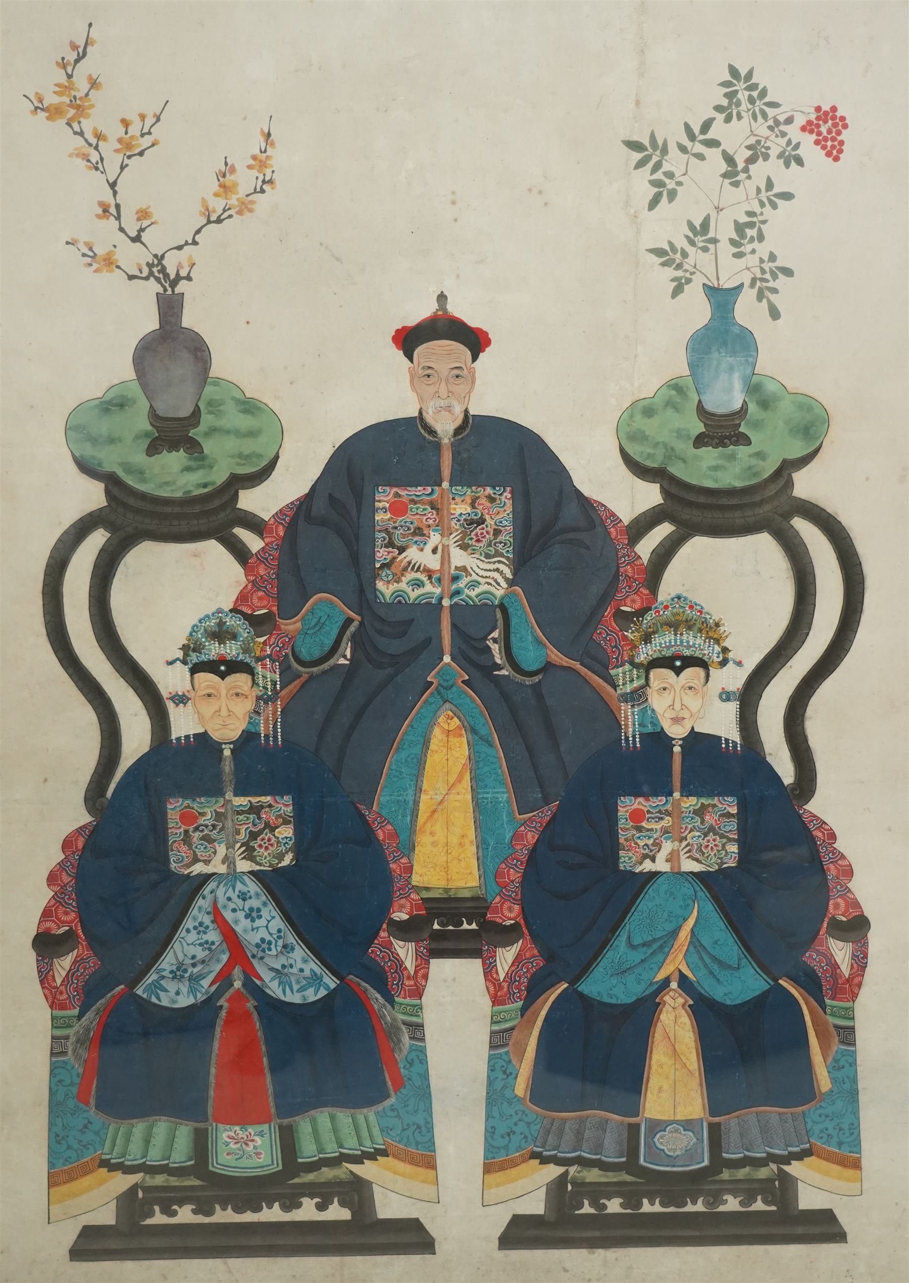 Chinese School (Late Qing Dynasty): Ancestral Family Portrait - each sitter wearing a fifth-rank silver pheasant Mandarin Square or 'Buzi', gouache on paper, 120cm x 85cm