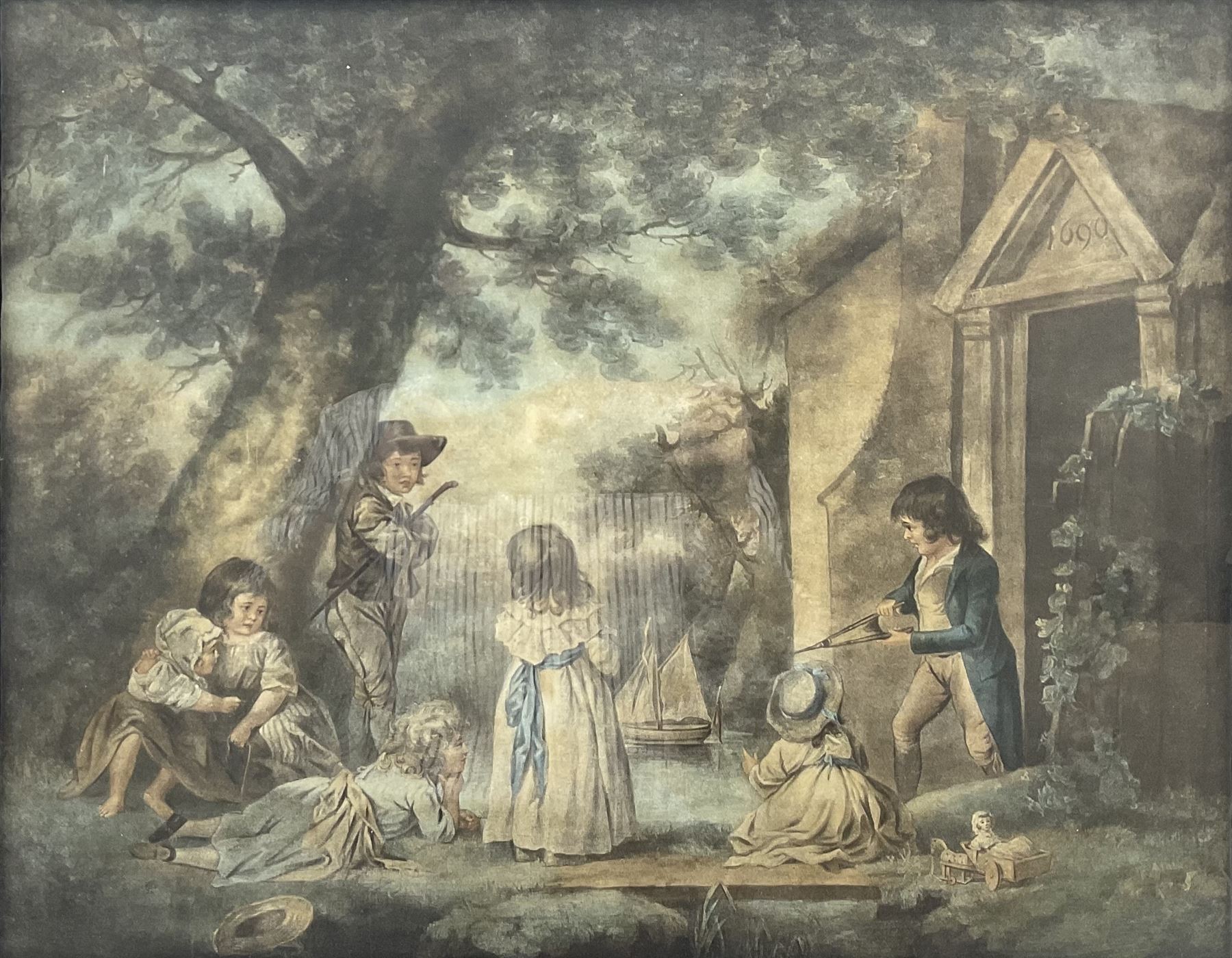 William Ward (British 1766-1826) after George Morland (British 1763-1804): 'Juvenile Navigators', hand-coloured mezzotint pub. John Raphael Smith (1751-1812), London 1789, 58cm x 68cm, in original verre eglomise frame