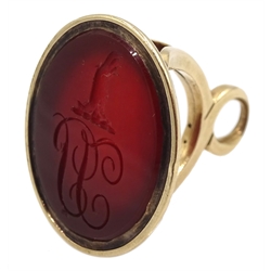 Victorian gold carnelian seal fob, engraved initial decoration with lion paw
