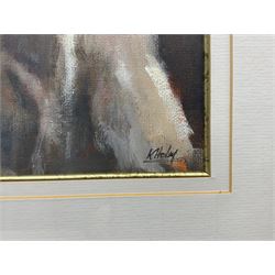 Kate Helm (British Contemporary): Five Beagles, oil on canvas board signed 25cm x 50cm