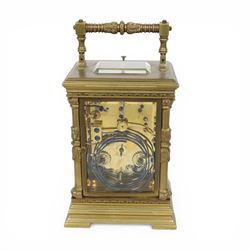 French - 8-day striking carriage clock with alarm and repeat functions, c1900,  case of architectural form with swing handle, gilt dial mask alarm setting dial and enamel chapter, Arabic numerals and blued steel hands, rack striking movement, striking the hours, half-hours and repeat on a coiled gong, with a silvered lever platform escapement, in running condition with key, 14.5cm high 10.5cm wide