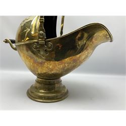 Victorian brass coal scuttle, of helmet form with turned ebonised handles, H48cm