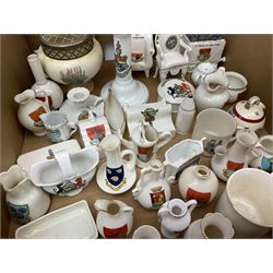 Collection of crested ware, to include Scarborough Willow Art coal truck, Whitby Willow Art Burns and Highland Mary figure group, Carlton China beer drinker 'Tak Hod an Sup Lad', and 'Here's ta me an'ma wife's usban', lighthouse, boat, Kingsway Art China Sir Walter Scott's Chair, butter dishes, candlestick, pianos etc