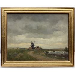 W B Rowe (British exh.1914): Windmill under Stormy Skies, oil on panel signed, with loose pencil sketch of the same subject verso 25cm x 32cm