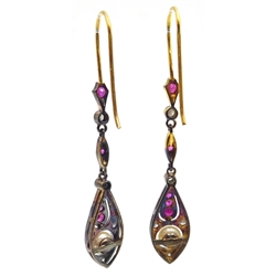  Pair of ruby, pearl and diamond pendant earrings  