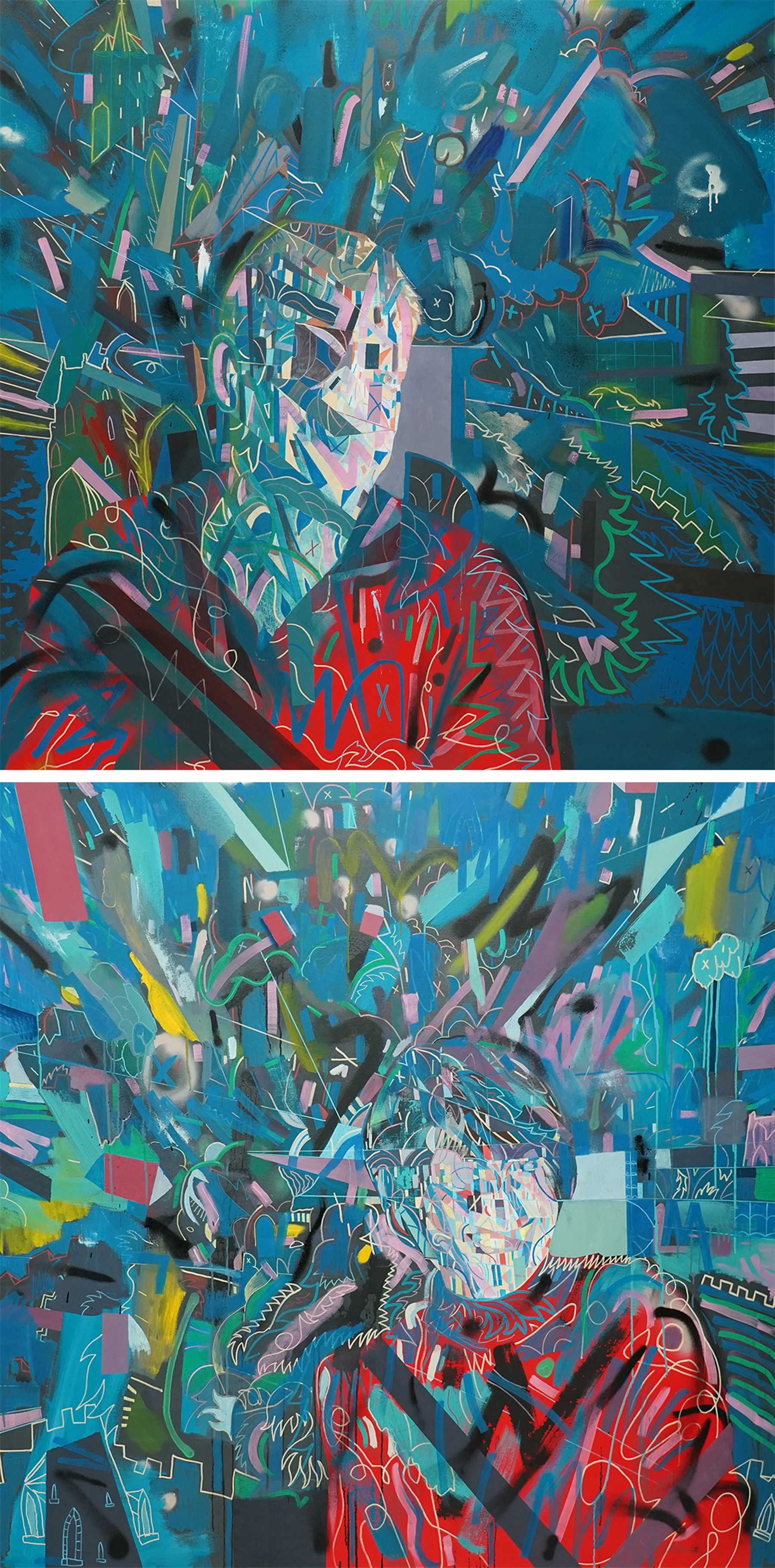 Contemporary and Street Art School (21st Century): Abstract Portraits, pair mixed medias on canvas overpainted with graffiti 140cm x 140cm