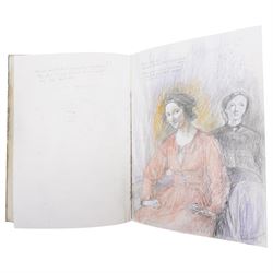 John Gilbey Bowles (British 1929-2011): Artist's Sketchbook - Surreal Art History Conversations, sketchbook containing thirty-four pages of pencil pastel and mixed media sketches of an art historical theme with interactions between famous paintings by different hands, most signed and dated 2008
Notes: examples include Edvard Munch's 'The Scream' reacting to a drawing by LS Lowry of street fighting; Albrecht Durer's drawing of a man dreaming of the Matisse line drawing; Hieronymus Bosch's 'The Last Judgment (detail) overseeing 'the Bacchanale Anglais' by Thomas Rowlandson; Toad of Toad Hall from the Wind in the Willows singing the praises of Henry VIII by Hans Holbein; a drawing by Leonardo Da Vinci admiring the humour in the drawing by LS Lowry; a Henry Moore drawing dreaming of a Thomas Rowlandson composition etc.