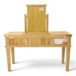 Contemporary oak kneehole dressing table and mirror, rectangular shaped top fitted with two drawers, on square tapering supports