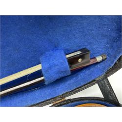 Czechoslovakian violin c1920 with 36cm two-piece maple back and ribs and spruce top, bears label 'Copy of Antonius Stradivarius Made in Czechoslovakia' L59cm; in carrying case; 1950s Czechoslovakian violin; and 195os Czechoslovakian three-quarter size violin; both cased (3)