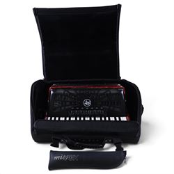 Hohner Bravo III accordion, with 96 bass buttons, pearlescent red case, with Hohner soft carry case and a Microvox microphone