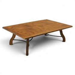 20th century Spanish design oak coffee table, rectangular parquetry top with geometric sta...
