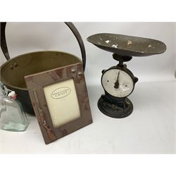 Two brassed table lamps with cream shades, brass jam pan, Salters scales etc