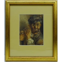  'We Won't go Home Till Morning' - Man playing a Piccolo, 19th/20th century watercolour signed with monogram JC? titled verso 16.5cm x 13cm  