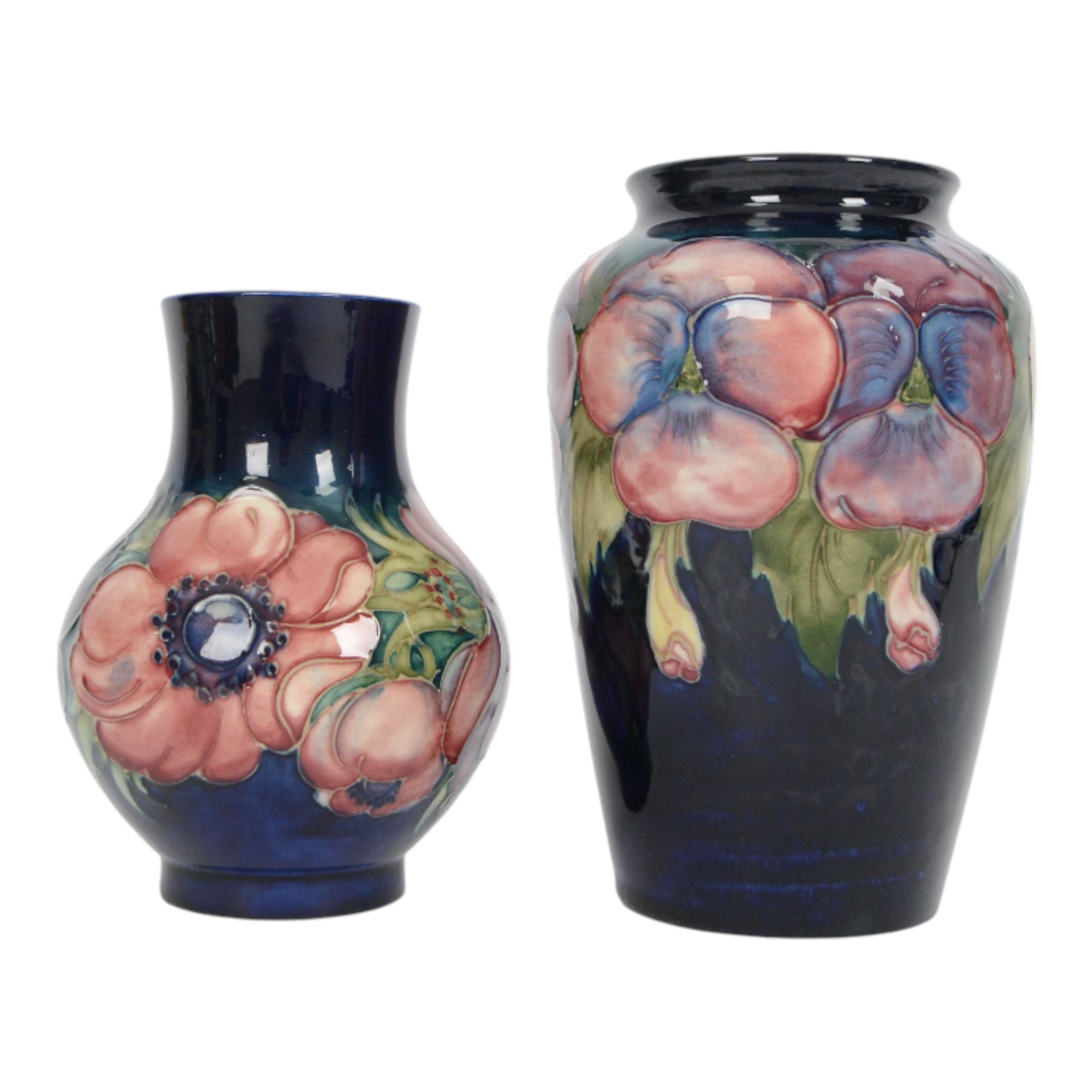Moorcroft pansy pattern vase, of baluster form, together with Anemone pattern vase and dish, all with impressed marks beneath, pansy vase H16cm 