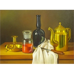 Andras Gombar (Hungarian 1946-): Still Life of Wine Bottle and Brassware, oil on panel signed 29cm x 39cm  
