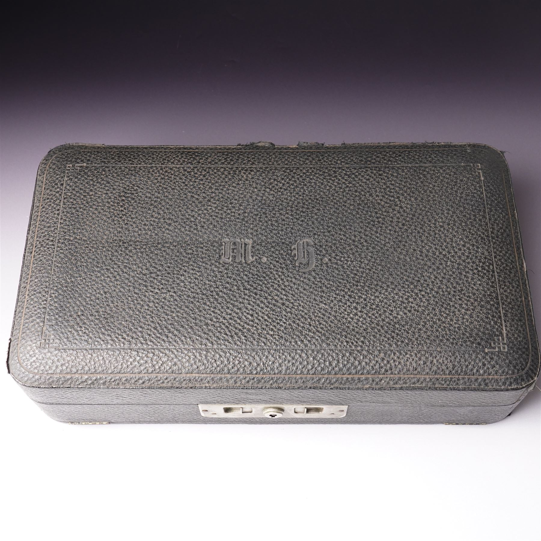 Victorian silver backed six piece dressing table set  with embossed decoration and engraved with initials in original case Chester 1900 Maker Charles Cooke