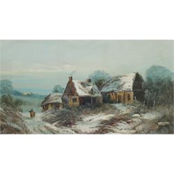 Harry Foster Newey (British 1858-1933): Snow Covered Cottages, oil on board signed 35cm x 63cm