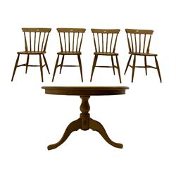 Circular pine pedestal table and four farmhouse chairs