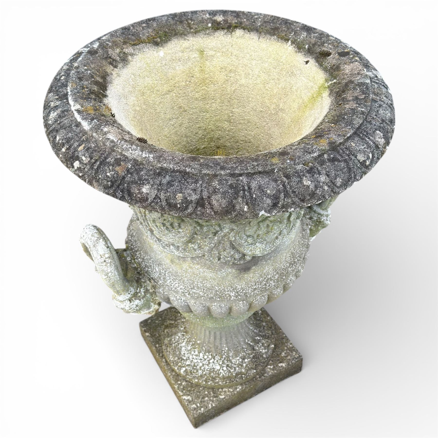 Pair of large stone Campana urns on square bases