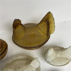Seven Hen on Nests, to include milk glass examples, largest H22cm 