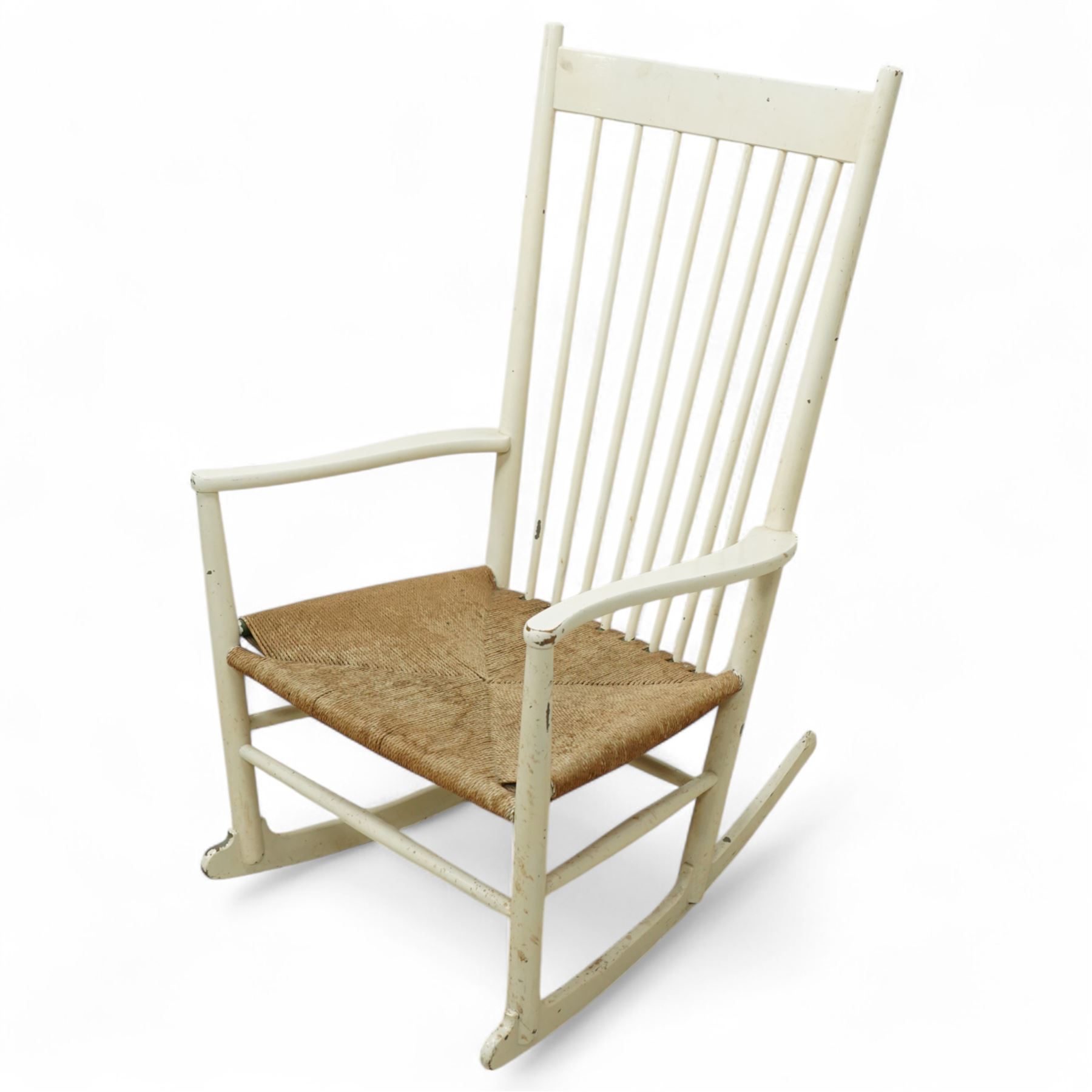 Hans J. Wegner (Danish: 1914-2007) - 'J16' beech framed rocking chair, stamped 'FDB Møbler Made in Denmark', rush seat out swept arms with a gently curved rockers