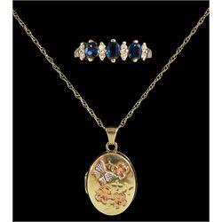 Gold butterfly and flower design locket pendant necklace and a gold sapphire and diamond dress ring, both 9ct hallmarked or stamped