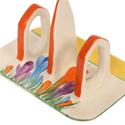 Clarice Cliff Autumn Crocus pattern toast rack, with Bizarre and printed marks to base, H9cm, L12cm