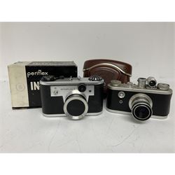 Corfield Periflex I 35mm periscope camera body,  with 'Corfield Lumar-X 1:3,5/50' lens, and Corfield Interplan-B camera body, serial no. 9111482 in original box, and with ready case