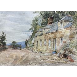 J Morris (British 19th century): Cottage by the River, watercolour signed and dated 1865; FG Hewitt (British 19th century): Figure Walking Down Country Road, watercolour signed and dated 1897 max 25cm x 34cm (2)