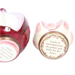 Four Halcyon Days enamel novelty boxes modelled asparagus, onion, garlic and cabbage