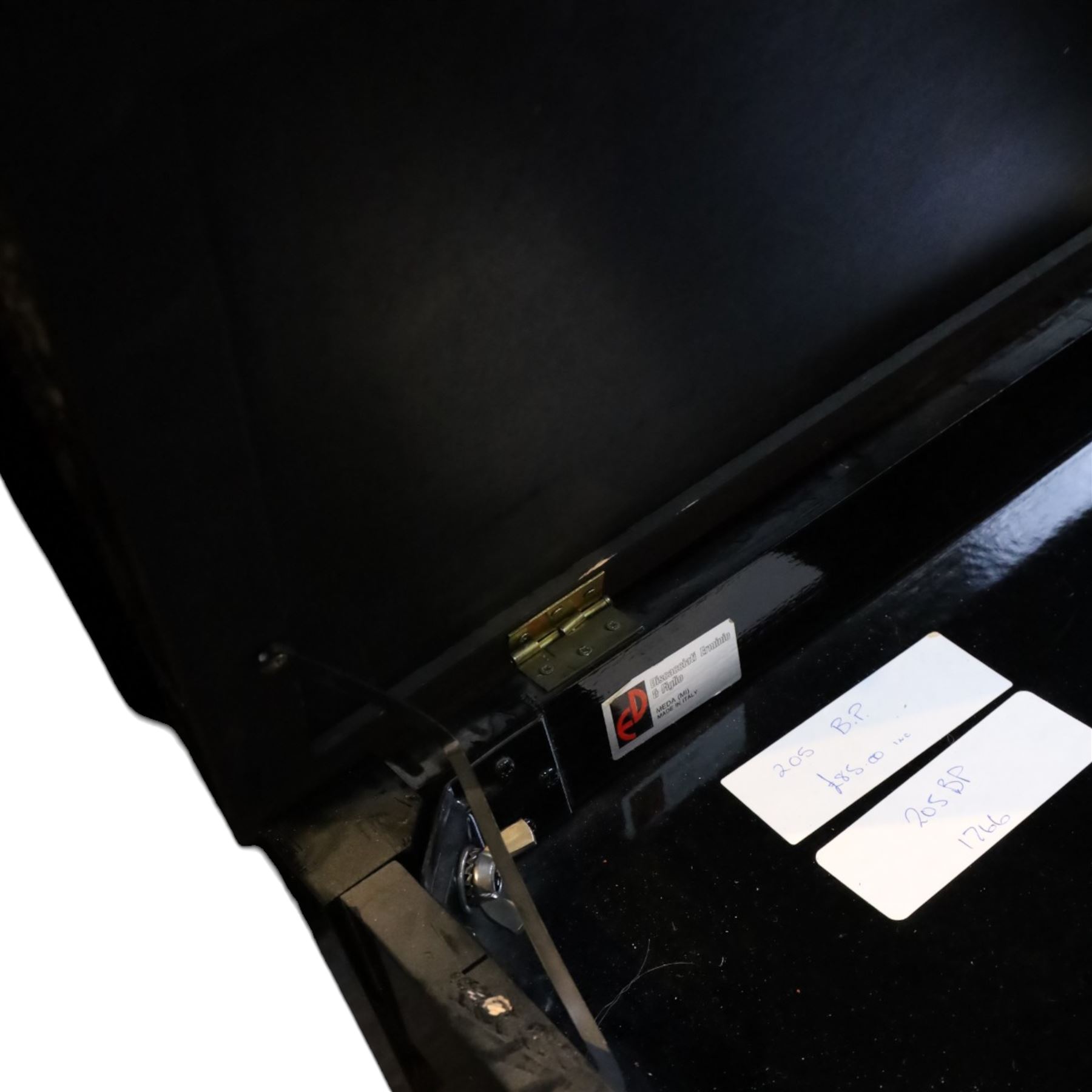 Offenbach by Daewoo model DU-4 upright piano, within high gloss ebonised case, circa 1990s serial no. 154804, with black wooden stool with velvet seat