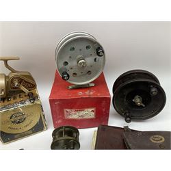 Six fishing reels including two miniature brass examples, Allcocks ‘Aerialite’ etc, various flies and other related items