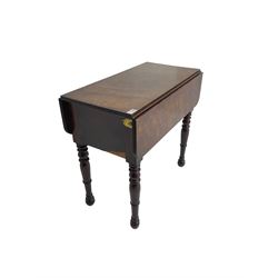 19th century walnut drop leaf side table, rectangular top with reeded edge, fitted with secret compartment with button action, leaf functions as hinged door enclosing cupboard, raised on turned supports