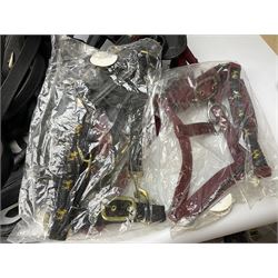 Collection of horse tack and equipment, including two cart harnesses, long reigns, bridles with blinkers, rains, bits, headcollars (size pony), whips etc, together with books relating to horses