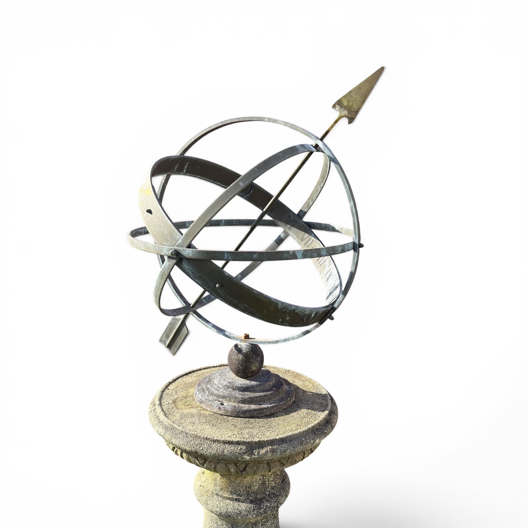 Impressive Haddon stone armillary sundial, raised on column pedestal with octagonal base, seated on weathered sectional plinth, measurements without plinth.
Plinth: 140cm x 140cm