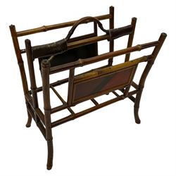 Victorian bamboo and lacquer magazine stand (W36cm), Victorian walnut stool on cabriole supports, with needle work upholstered serpentine seat (W45cm), and three tripod wine tables (5)