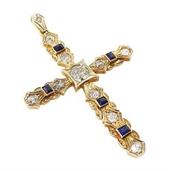 Early 20th century gold old cut diamond and synthetic sapphire cross pendant, principal diamond approx 0.65 carat, total diamond weight approx 1.60 carat