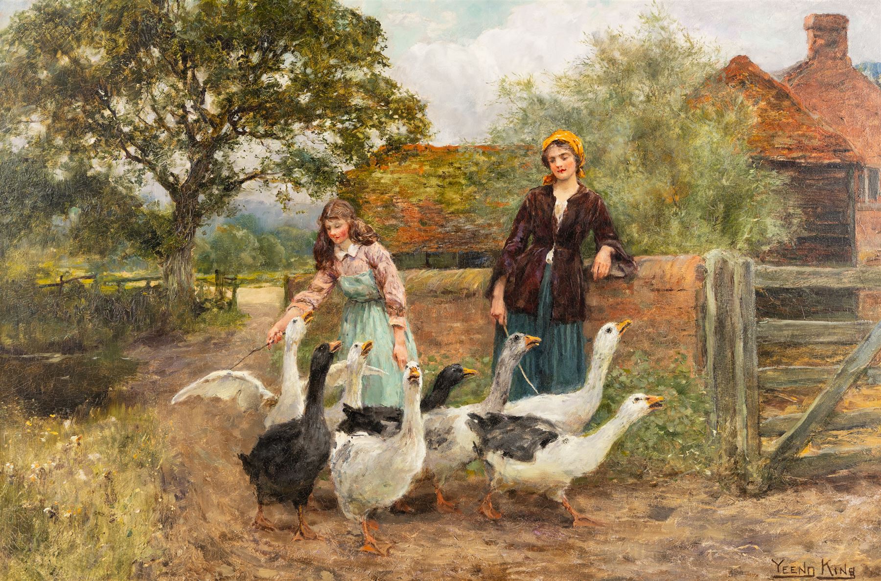 Henry John Yeend King (British 1855-1924): The Goose Girls, oil on canvas signed 50cm x 75cm
