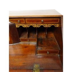  Early 19th century mahogany bureau, fall front enclosing inlaid interior fitted with drawers, cupboards and compartments, above two short and three long graduating moulded drawers, shaped bracket feet, W107cm, H109cm, D56cm  
