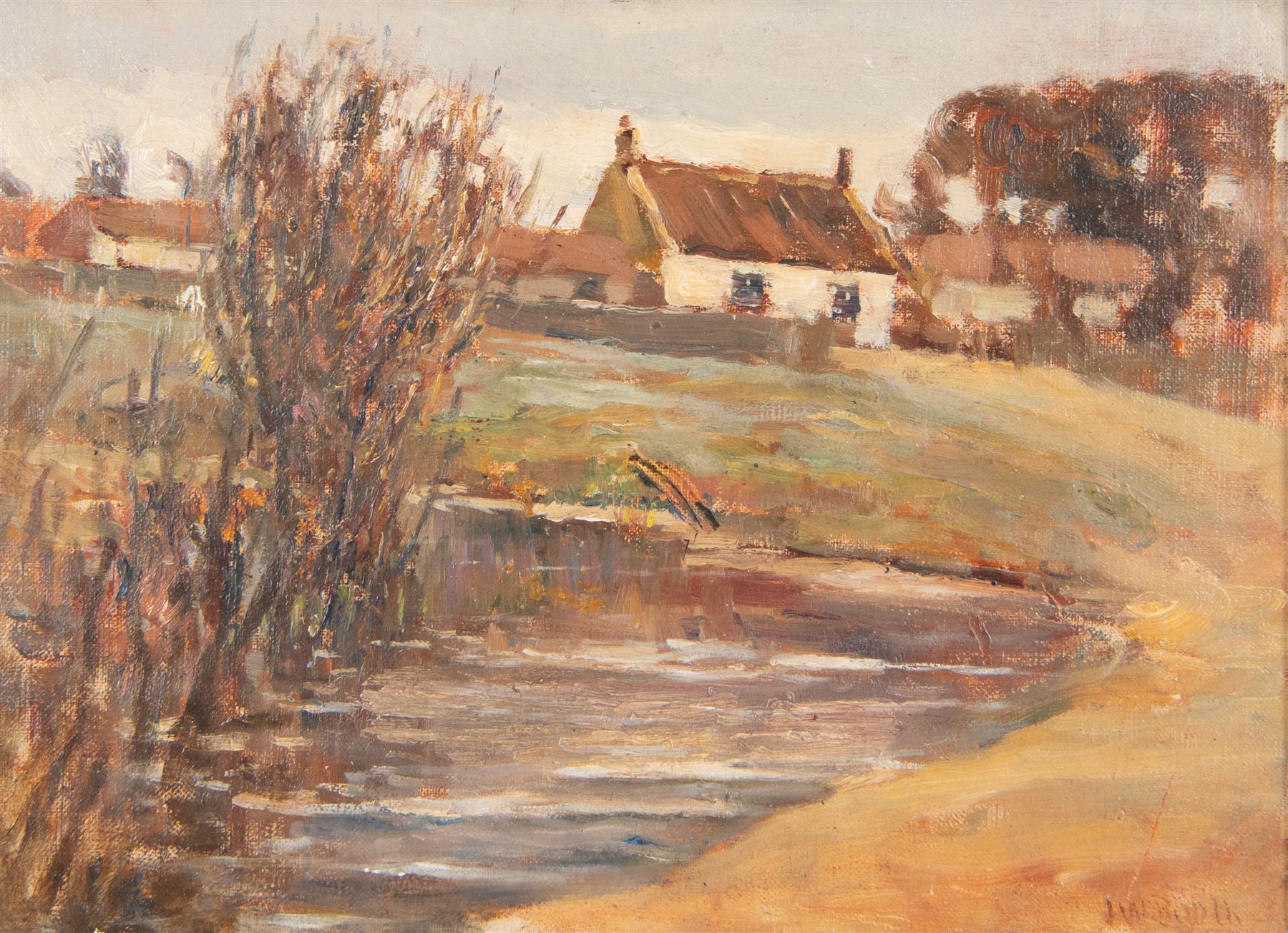 James William Booth (Staithes Group 1867-1953): The Village Pond, oil on canvas laid on to board signed 23cm x 31cm
