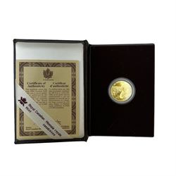 Royal Canadian Mint 1996 gold proof one-hundred dollars quarter troy ounce of fine gold coin, cased with certificate