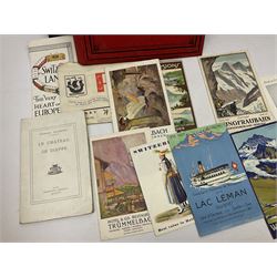 Early 20th century ephemera, to include signed photographs of Charles Boyer and Walter Pidgeon etc, a printed letter from Winston Churchill, two albums and a quantity of transfer books of Players and similar cigarette cards, including Boy Scout and Girl Guide Patrol Signs and Emblems and RAF Badges, a collection of greetings cards and postcards, a photograph album containing black and white photographs of Caius College Cambridge and guides and pamphlets on travelling Switzerland and the UK